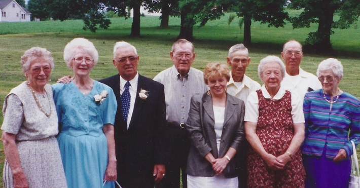 Pictured left to right Theresa, Clare and Joe Everdon, Henry, Clara Sidney, Hubert, Marie Groner, Paul and Martha.  Theresa, Clare, and Martha are my mother's sisters, Henry, Hubert and Paul are her brothers.      Marie is George's wife.  Clara Sidney is their sister, Caroline's daughter.  My mother, Ida, Caroline,  and        George were already deceased when this picture was taken.